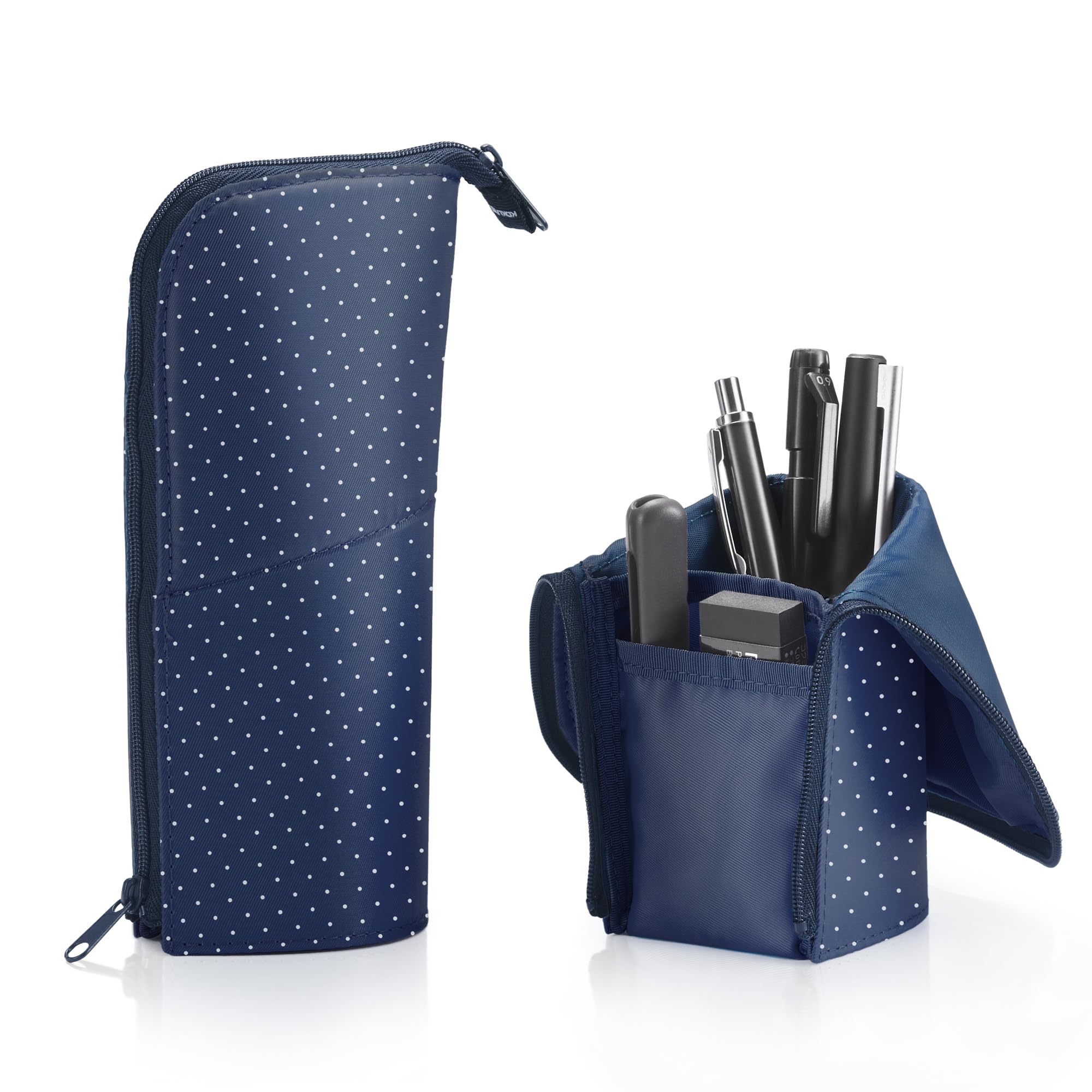 KOKUYO Pencil Case Pouch, Neo Critz Standing Pen Pouch Bag, Foldable Stand up Pencil Holder Organizer, Small Portable Pencil Box for School Office Supplies, Dot Navy, Regular Size (F-VBF180-6)