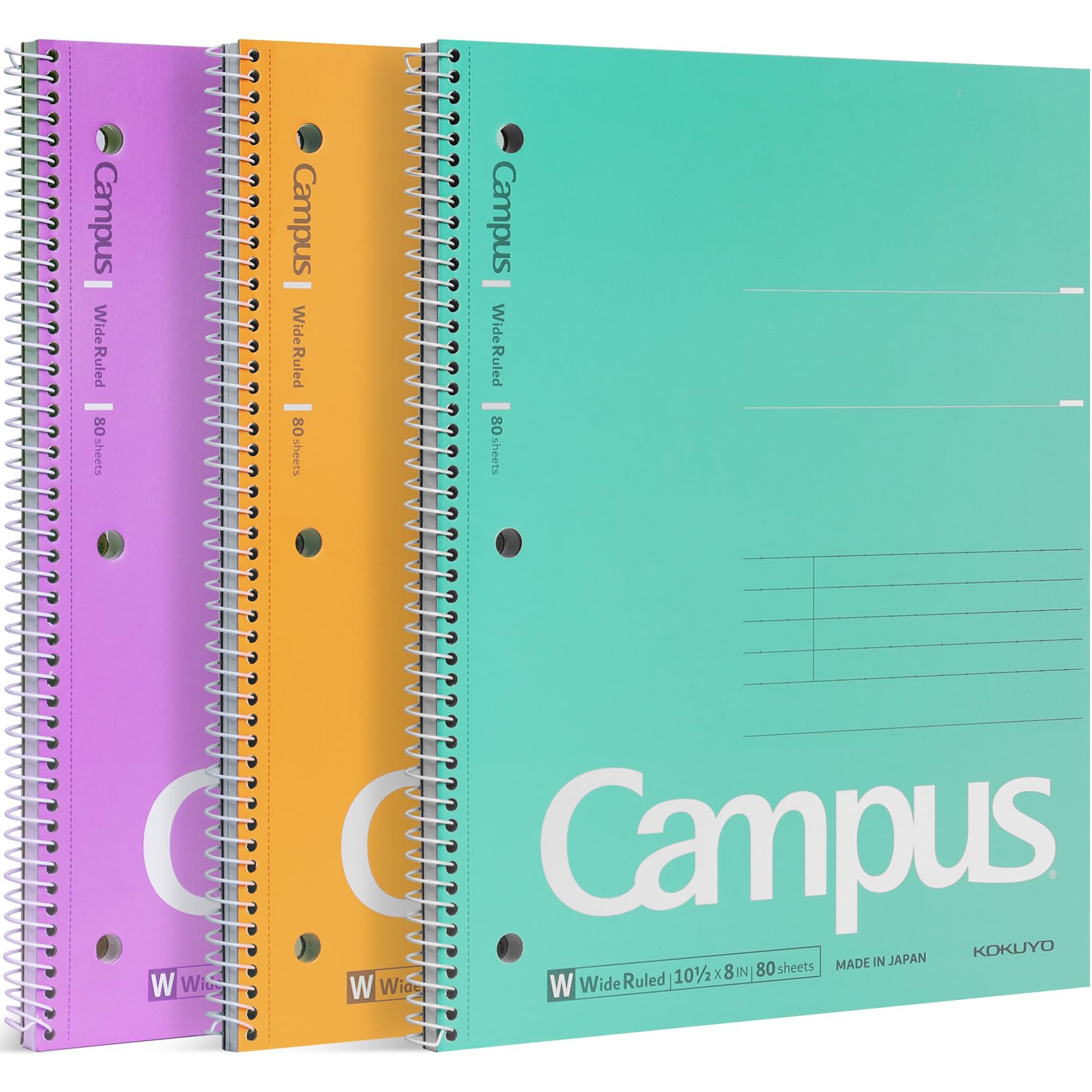 KOKUYO Spiral Notebook, 3 Pack Campus 10-1/2" x 8" Subject Notebooks with Wide Ruled, 80 Sheets, Purple Orange Turquoise 3 Holes School Spiral Journal for Work Study Note Taking (WSG-SU-400G3×3)