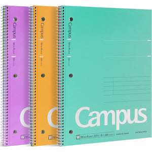 KOKUYO Spiral Notebook, 3 Pack Campus 10-1/2" x 8" Subject Notebooks with Wide Ruled, 80 Sheets, Purple Orange Turquoise 3 Holes School Spiral Journal for Work Study Note Taking (WSG-SU-400G3×3)