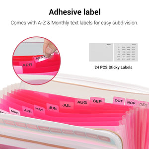 Mukawa 13 Pocket Zippered Expanding File Folder, Accordion File Organizer for Documents Letter Size A4 Papers (Pink)