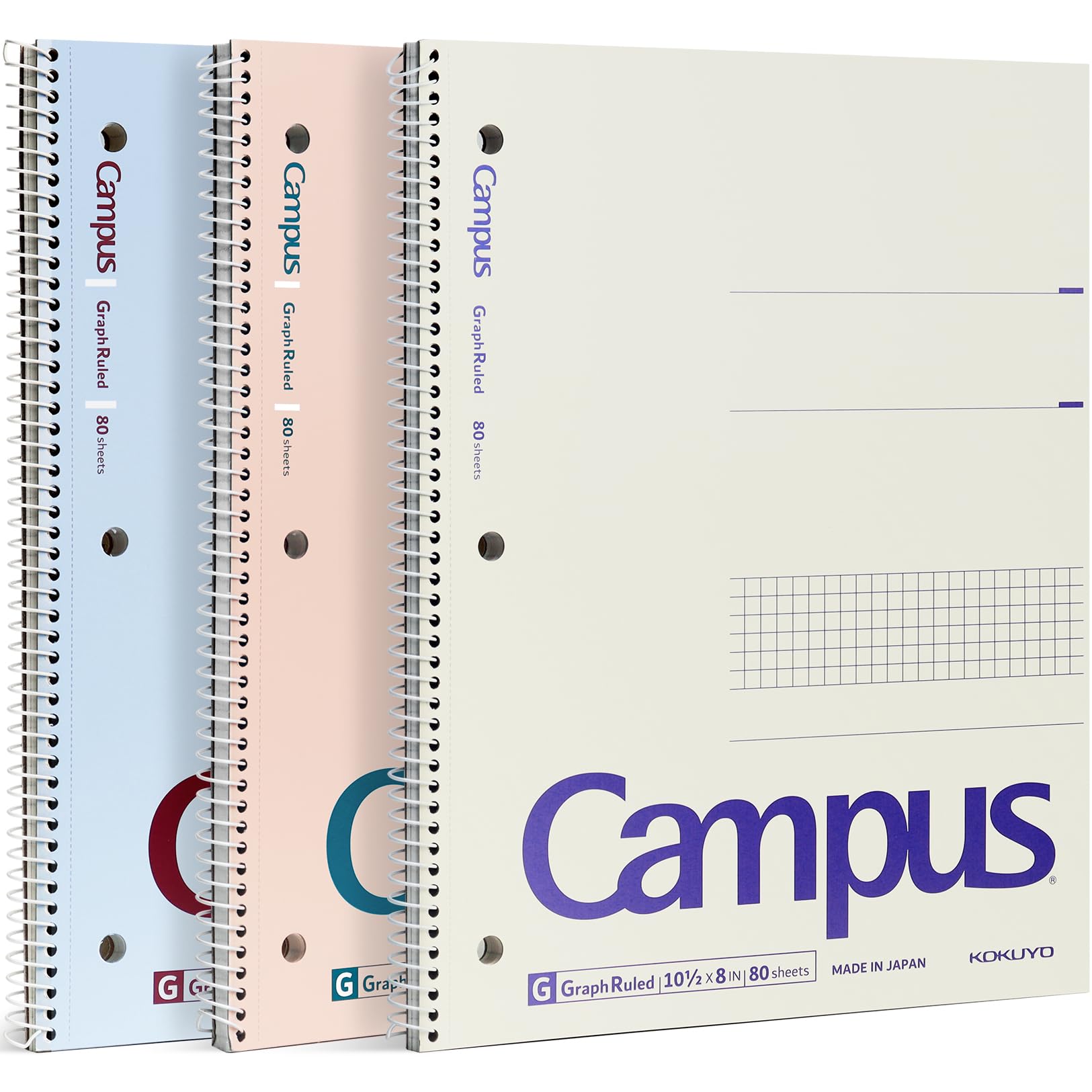 KOKUYO Spiral Notebook with 5x5 Graph Paper, 3 Pack Campus 10-1/2" x 8" Subject Notebooks, 80 Sheets, Light Pink Blue Off-White 3 Holes School Spiral Journal for Study Planner Drawing (WSG-SU-400G4×3)