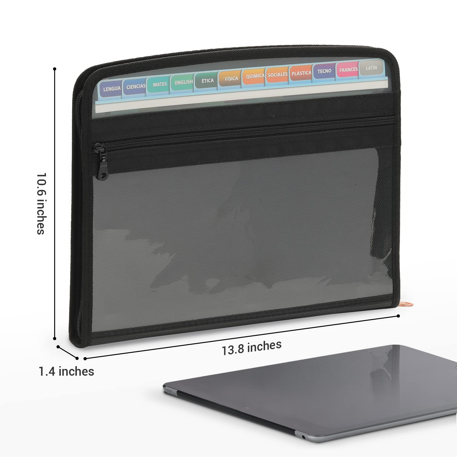 Mukawa 13 Pocket Expanding File Folder, Zippered Accordion File Organizer with Front Clear Pounch, Expandable Filing Folders for Documents, Papers Letter Size, Black