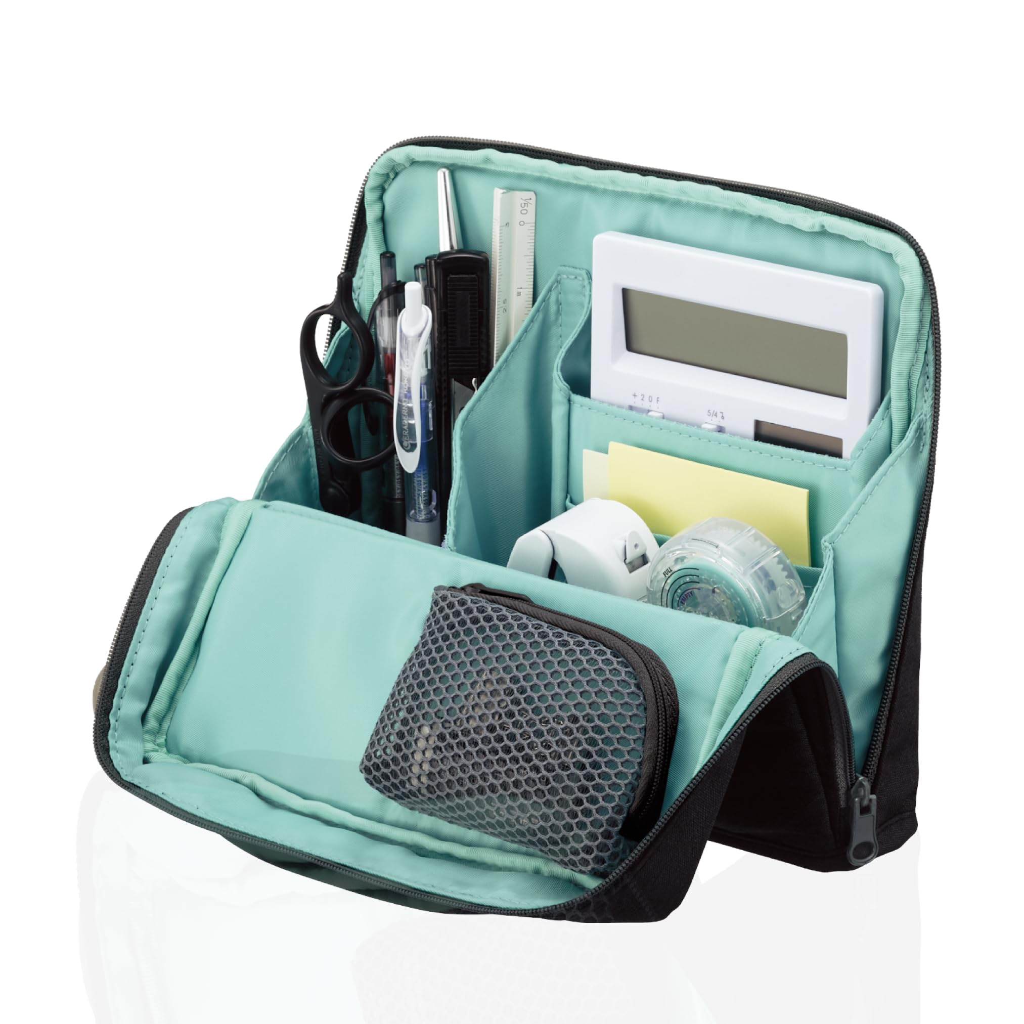 KOKUYO Pencil Case Pouch, Haco-Biz Standing Pen Pouch Bag, Foldable Stand up Pencil Holder Organizer, Large Capacity Portable Pencil Box for School Supplies, Black x Green, Japan Import (KAHA-HB11D)