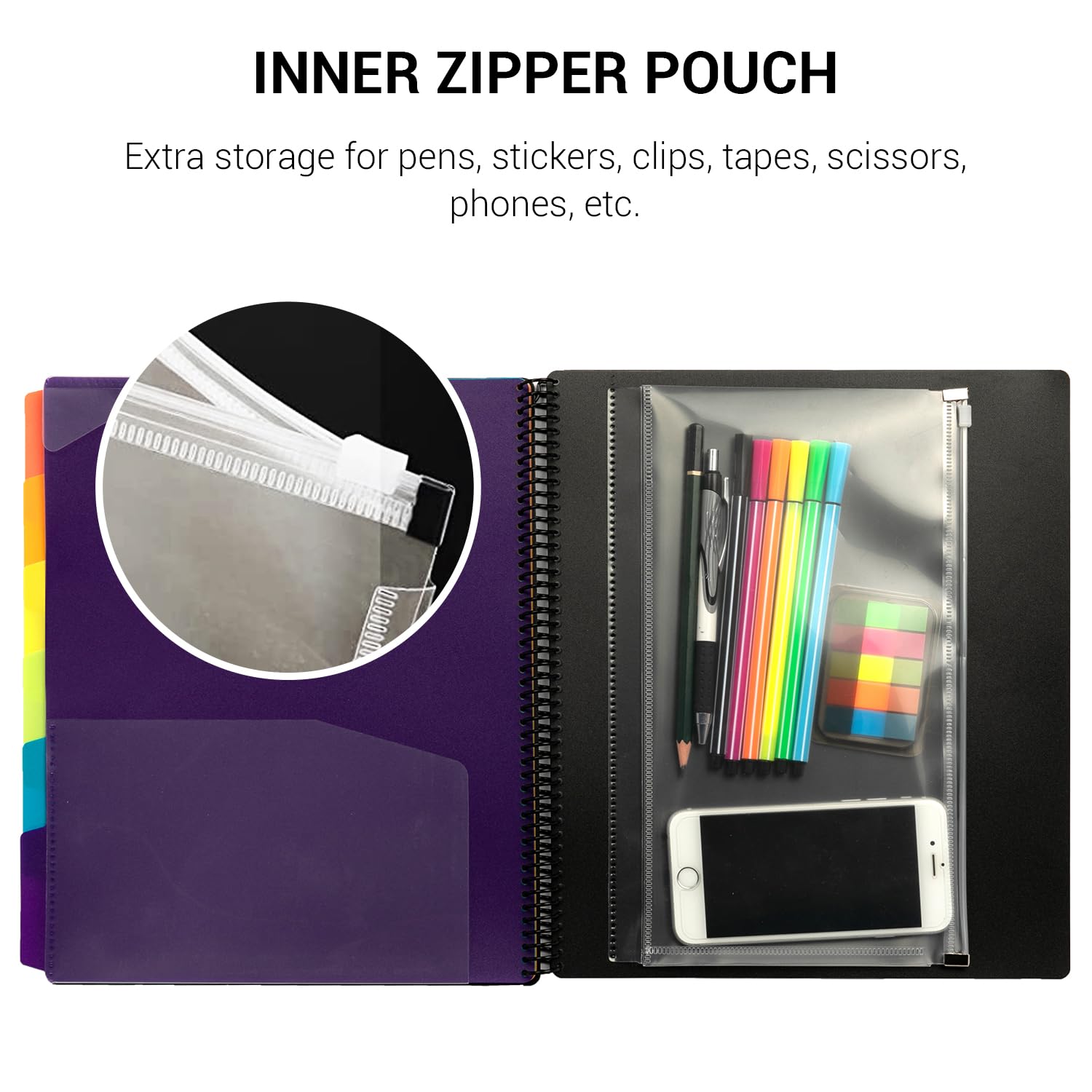 Mukawa 12 Pocket Poly Project Organizer, Spiral Project Folder Multi Pocket Folder Binder Letter Size, Back Cover Utility Pouch, 1/6 Cut Tabs, 6 Tab Color Dividers, Clear View Customizable Front Cover