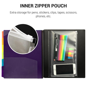 Mukawa 12 Pocket Poly Project Organizer, Spiral Project Folder Multi Pocket Folder Binder Letter Size, Back Cover Utility Pouch, 1/6 Cut Tabs, 6 Tab Color Dividers, Clear View Customizable Front Cover