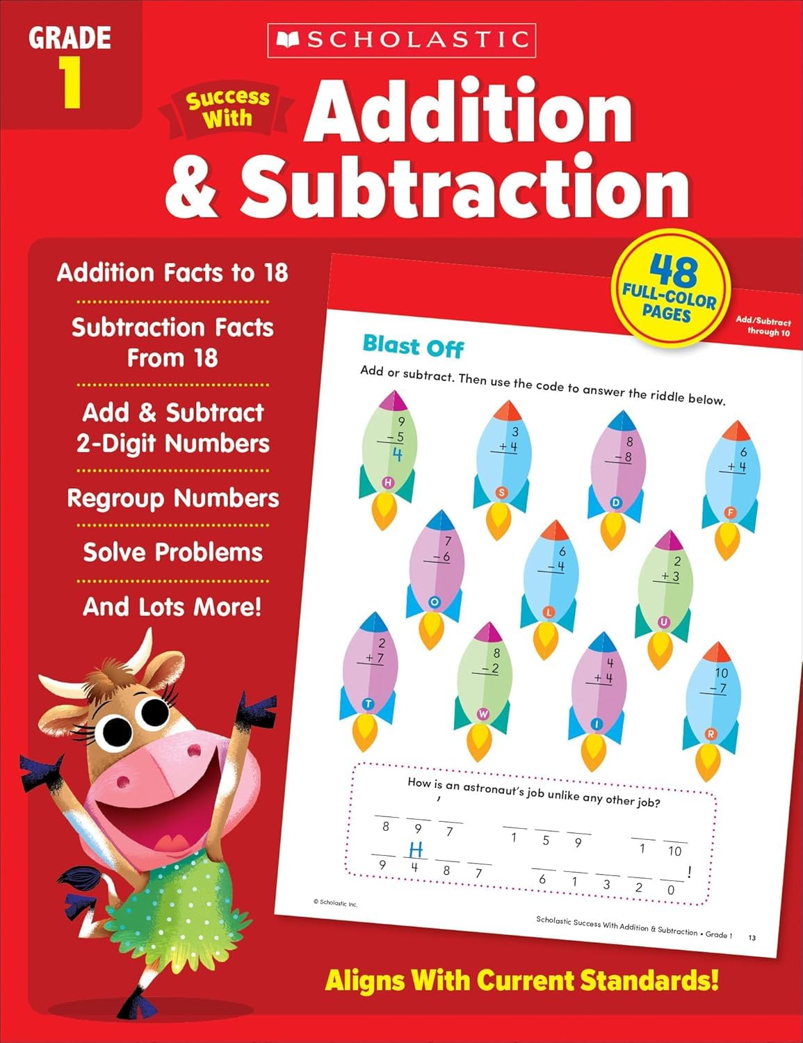 Scholastic Success with Math, Reading Comprehension, Writing, Grammar, Addition & Subtraction, Grade 1 Workbook, 5 Books Collection Set