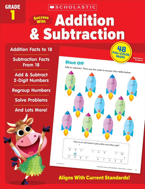 Scholastic Success with Math, Reading Comprehension, Writing, Grammar, Addition & Subtraction, Grade 1 Workbook, 5 Books Collection Set