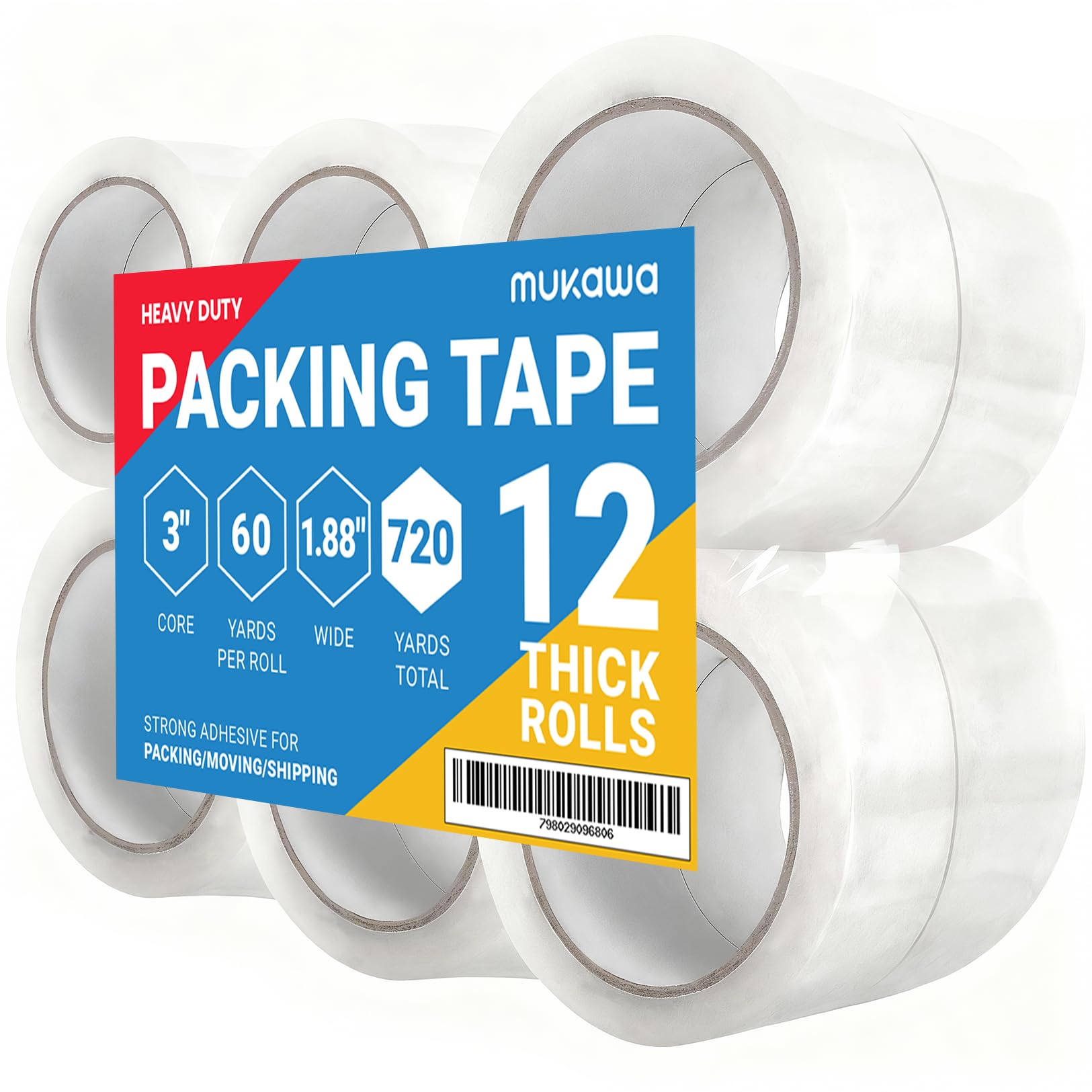 mukawa 12 Rolls 2.7mil Thick Packing Tapes, Clear Packaging Tape, 720 Yards Heavy Duty Tape - Hold 100 Pounds for Packing, Strong Sealing, 1.88" x 60 Yards Per Roll