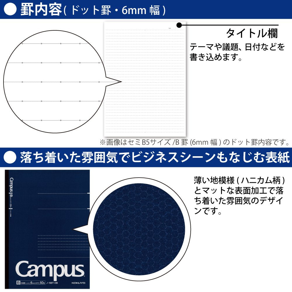 KOKUYO Campus Notebook, Business Type, Dot B 6mm Ruled, Semi-B5, 50 Sheets, 37 Lines, Navy Cover, Japan Import (NO-5BT-DB)