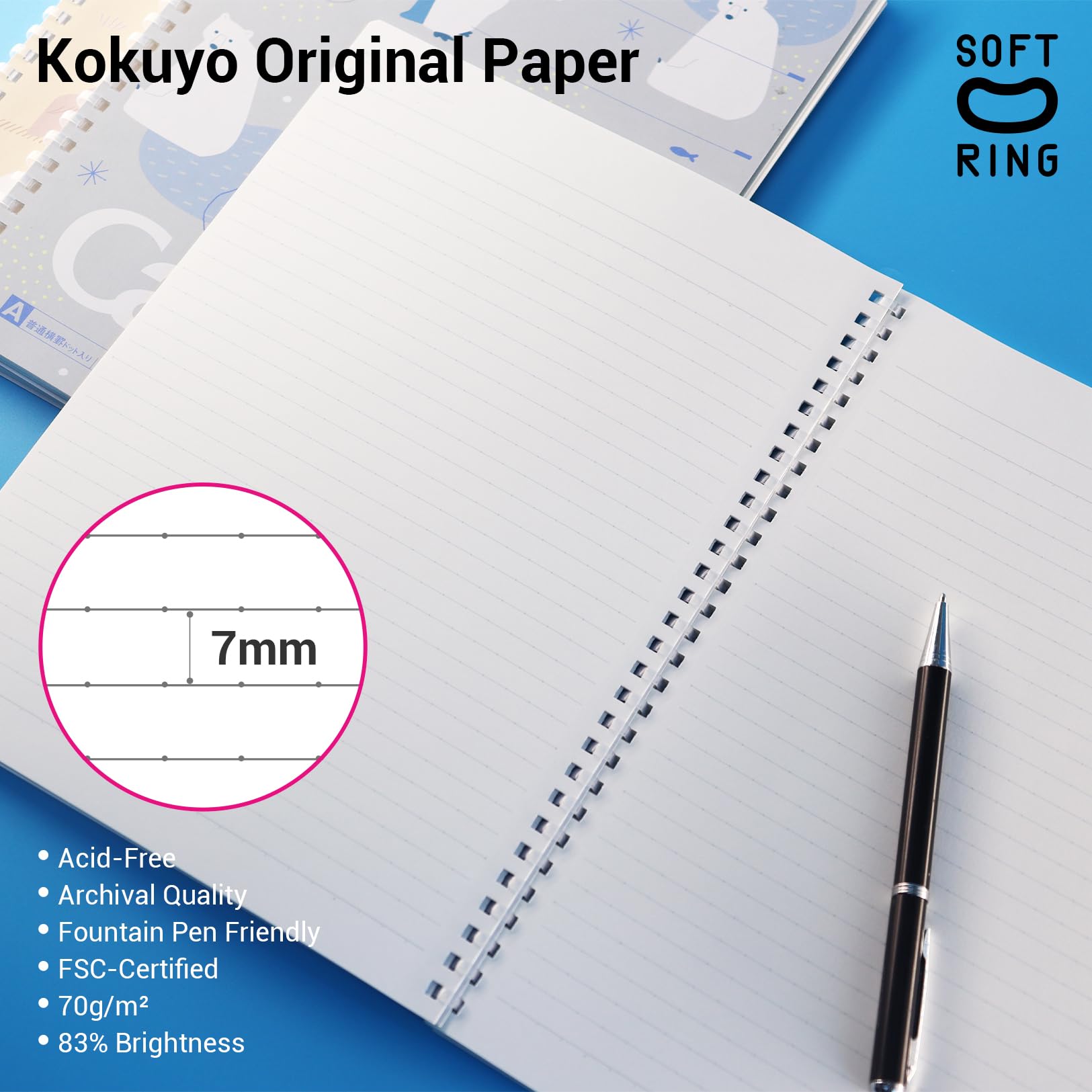 KOKUYO Spiral Notebook Journal, 3 Pack Campus B5 Soft Ring Notebooks with Dotted A 7mm Rule, 40 Sheets, Cute Animal 1 Subject Notebook in Blue Yellow Green, College Office Note Taking. Japan Import