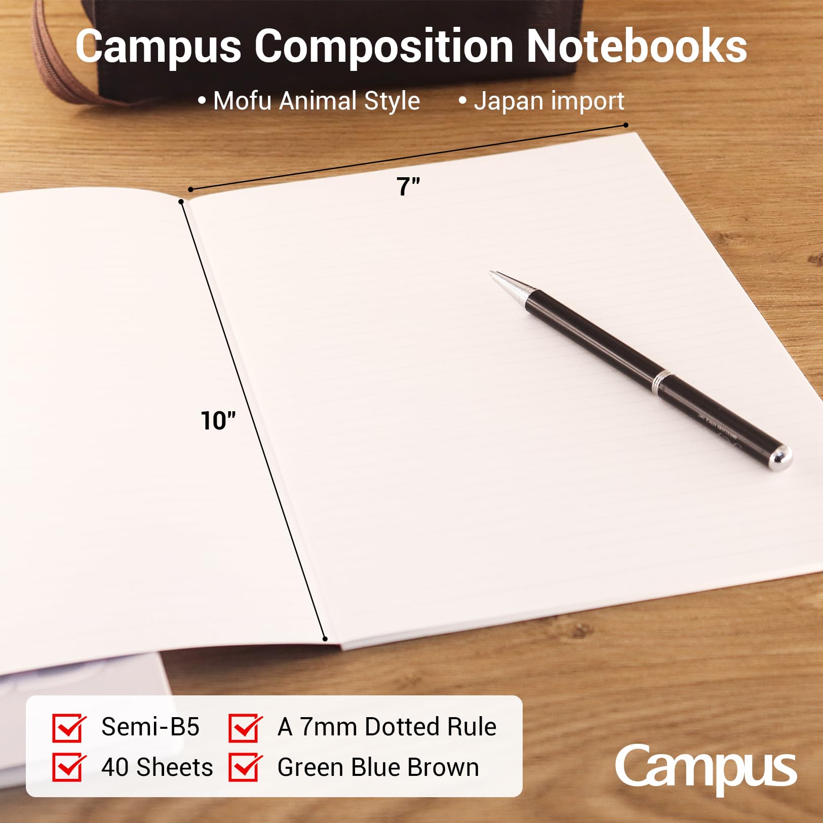 KOKUYO Composition Notebooks, 3 Pack Campus B5 Comp Book with Dotted College Ruled, 40 Sheets, School Lined Notebook in Mofu Animal, Cute Journal for Women Girls Work Study Note Taking Japan Import