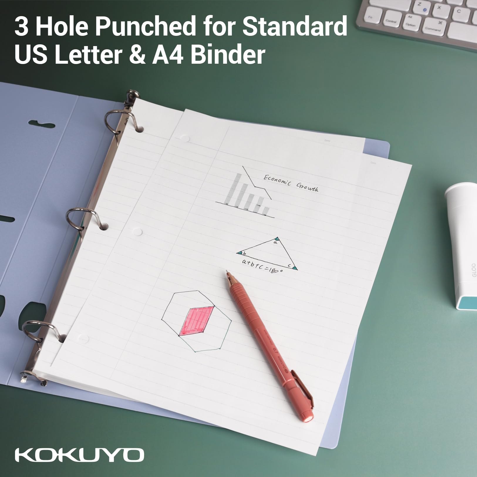 Kokuyo Filler Papers, 8-1/4"x11”, Wide Ruled 3 Hole Punched Loose Leaf Paper, 100 Sheets Bleed Resistance Notebook Paper, Japanese Smooth Lined Paper for 3 Ring Binders School Supplies, Japan Import