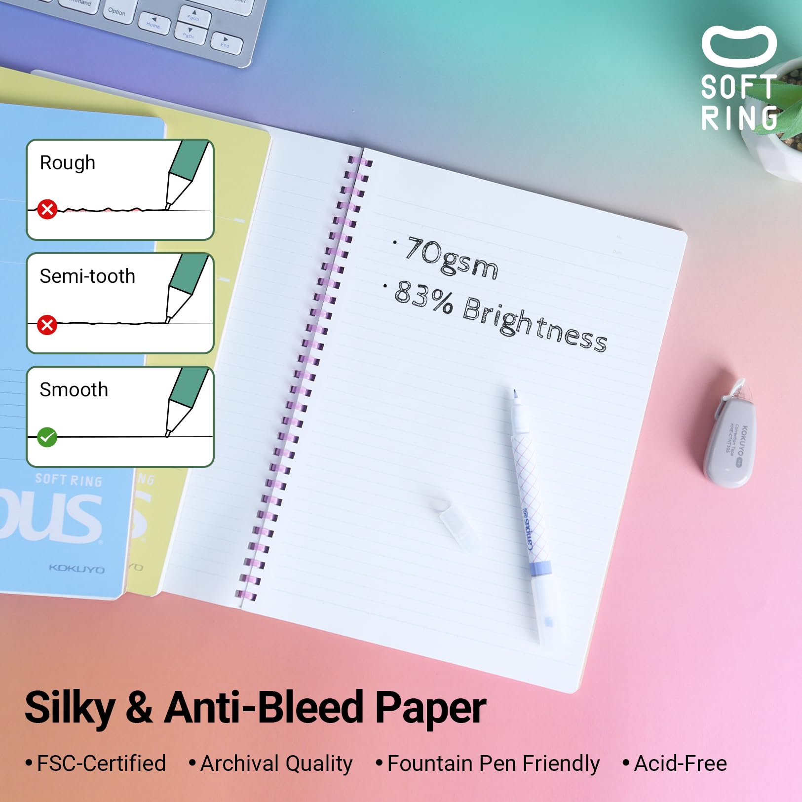 KOKUYO Spiral Lined Notebook, 5 Pack 10'' x 7'' Pastel Journal B5 Campus Soft Ring Notebooks with Dot 6 mm Ruled, 40 Sheets, 1 Subject Notebook, Note Taking for School. Japan Import (SU-S111BT)