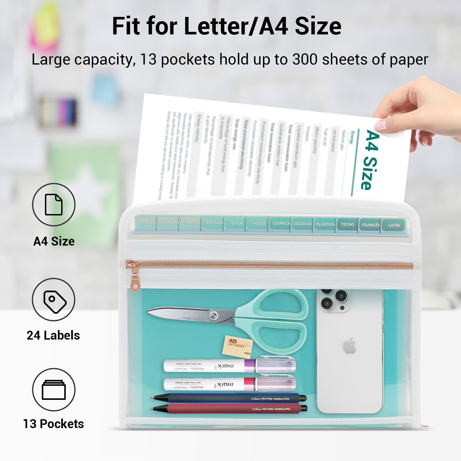 Mukawa 13 Pocket Expanding File Folder, Zipper Accordion File Folder, Expandable Folder with Customized Labels, Document Organizer for School Kids, Office Paper Organizer, Letter Size (Green)