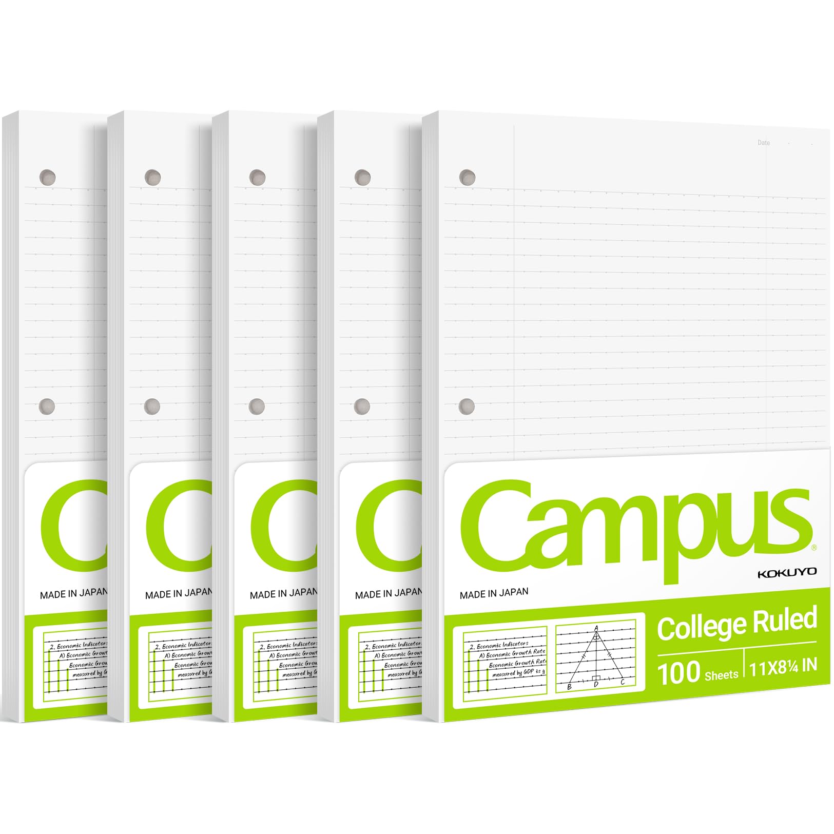 Kokuyo Campus Loose Leaf Paper for 3 Ring Binders, 11” x 8-1/4” Smooth Writing Lined Paper, 500 Sheets, 70 GSM, College Ruled, Bleeding-Resistance, School Suppliers, Made in Japan (WSG-NO-887G1x5)