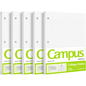 Kokuyo Campus Loose Leaf Paper for 3 Ring Binders, 11” x 8-1/4” Smooth Writing Lined Paper, 500 Sheets, 70 GSM, College Ruled, Bleeding-Resistance, School Suppliers, Made in Japan (WSG-NO-887G1x5)