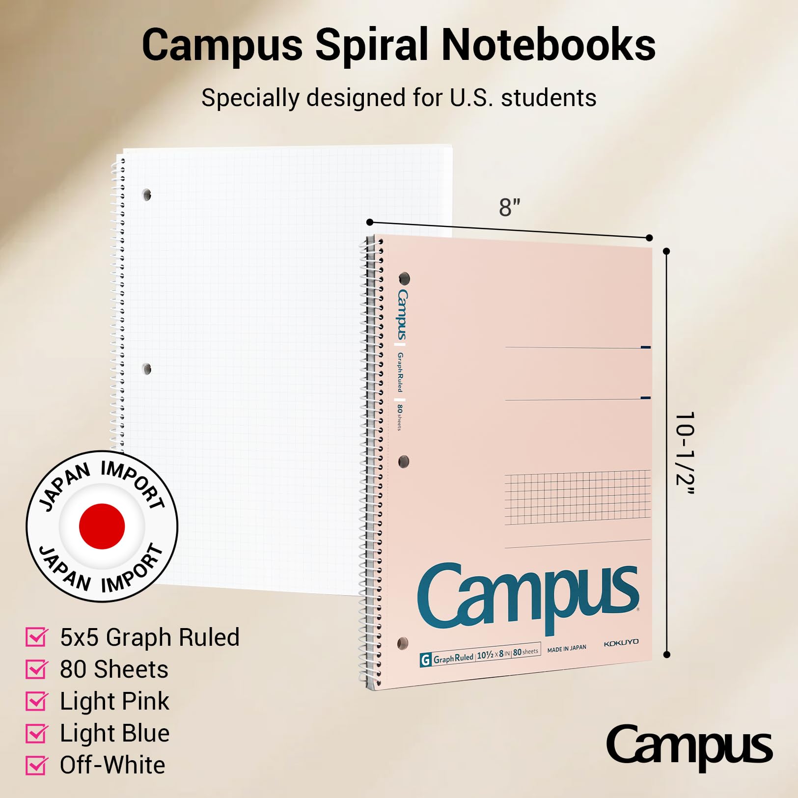 KOKUYO Spiral Notebook with 5x5 Graph Paper, 3 Pack Campus 10-1/2" x 8" Subject Notebooks, 80 Sheets, Light Pink Blue Off-White 3 Holes School Spiral Journal for Study Planner Drawing (WSG-SU-400G4×3)