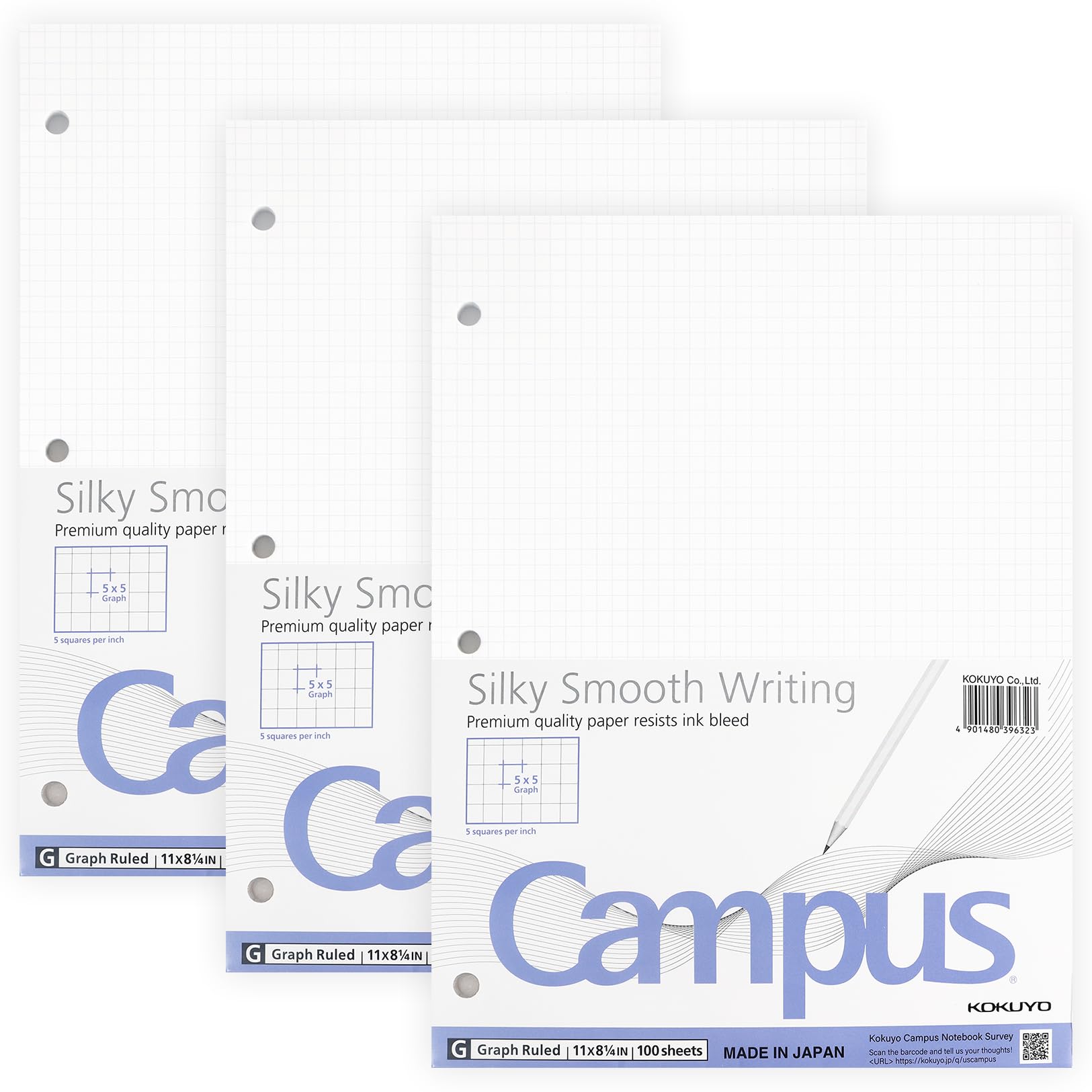 KOKUYO 5x5 Graph Paper, 8.25x11 Inches Loose Leaf Paper, 300 Sheets, Smooth Writing Surface, Bleed Resistant Filler Paper for Math, Engineering, Art Projects. Japan Import (WSG-NO-887G2x3)
