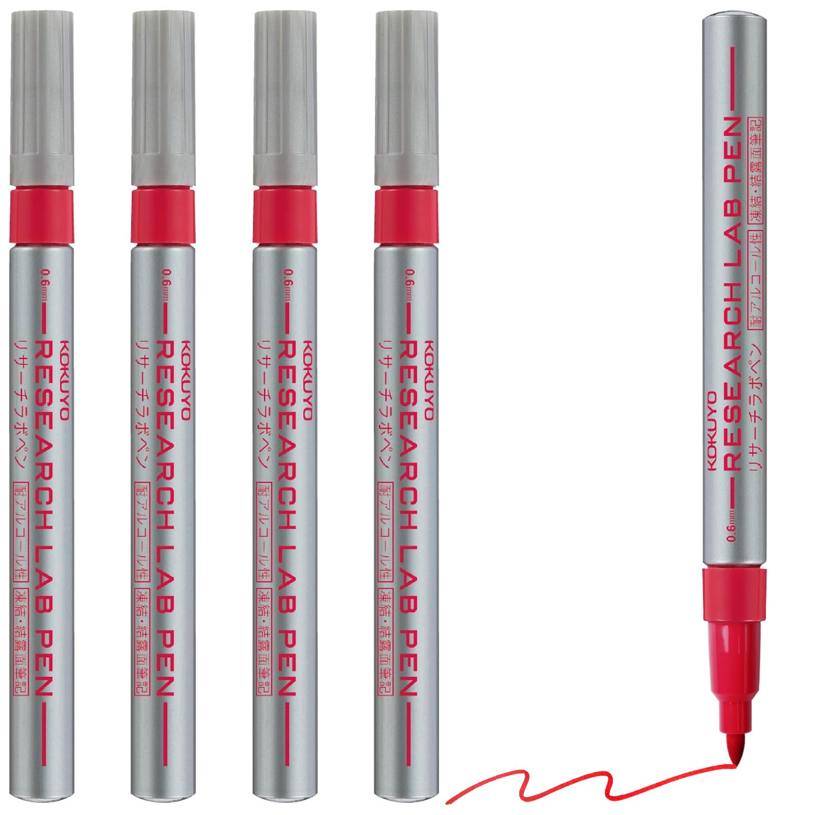 KOKUYO Alcohol Resistant Laboratory Markers, 5 Red Permanent Freezer Lab Pens with 0.6mm Fine Point Tip, Designed for Industrial, Lab and Hospital Use, Japan Import