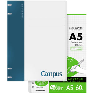 KOKUYO Campus 2x2 Spiral Binder Notebook Set, A5 Refillable Notebook + 60 Refill Papers with 5x5 Graph Ruled, 40 Sheet Capacity, Navy, Perfect for Work, Study & Journal, Japan Import