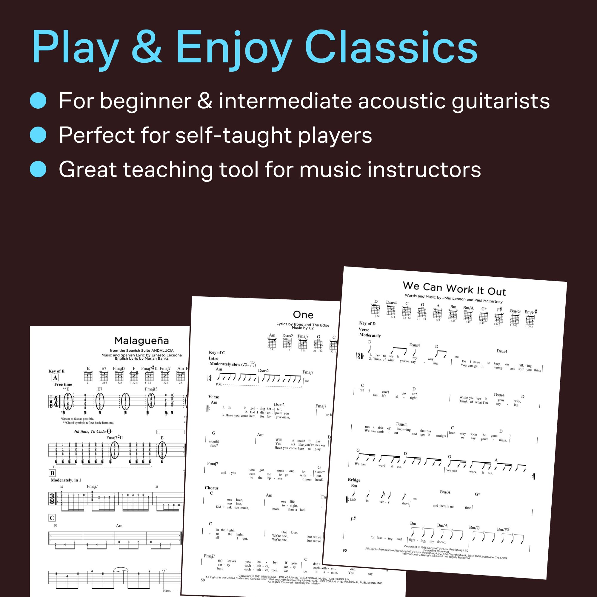 First 50 Songs You Should Play on Acoustic Guitar | Songbook for Beginners | Easy Guitar Tab with Chords and Lyrics | Sheet Music Book for Students Teachers and Adult Learners