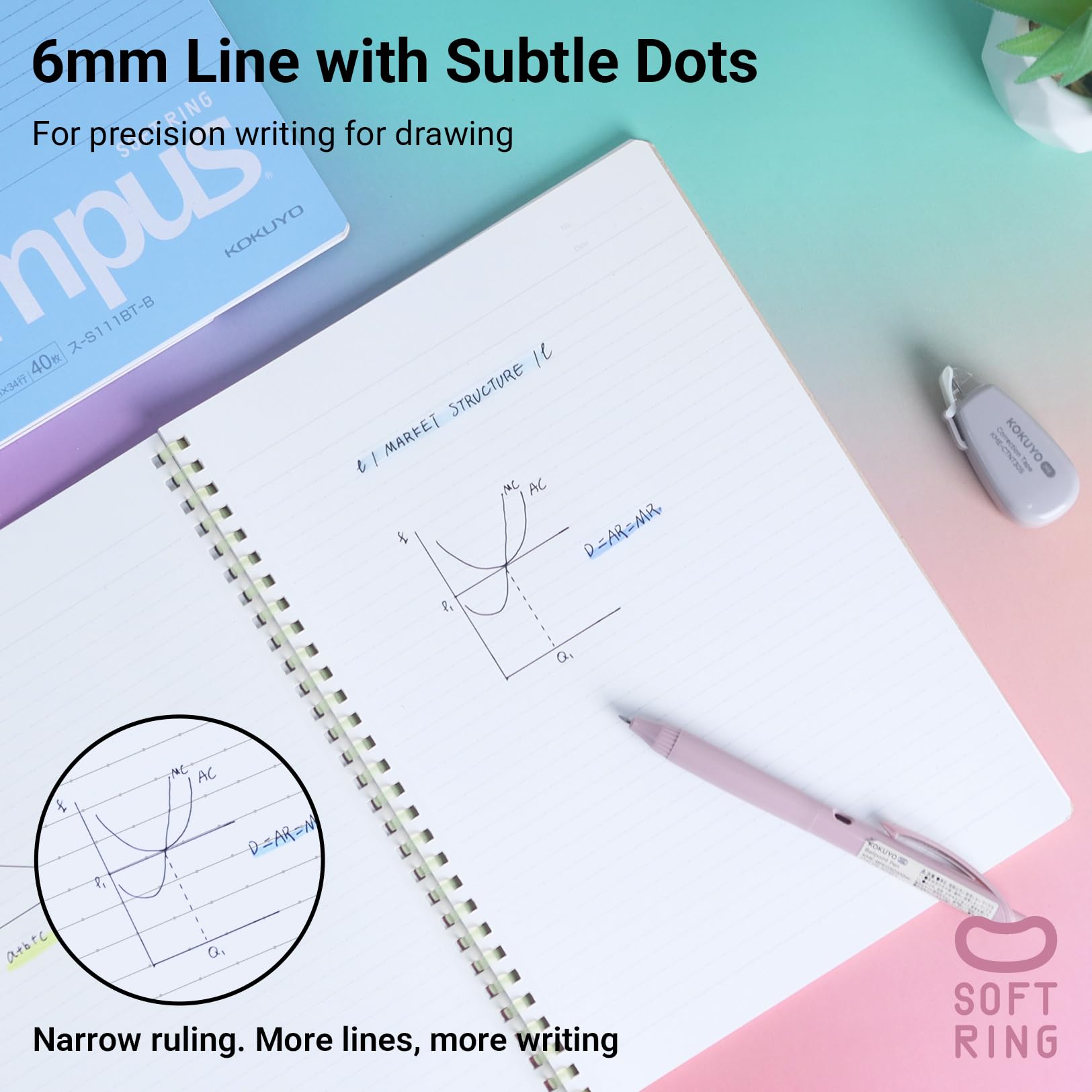 KOKUYO Spiral Lined Notebook, 5 Pack 8.3'' x 5.8'' Pastel Journal A5 Campus Soft Ring Notebooks with Dot 6 mm Ruled, 50 Sheets, 1 Subject Notebook, Note Taking for School. Japan Import (SU-S131BT)