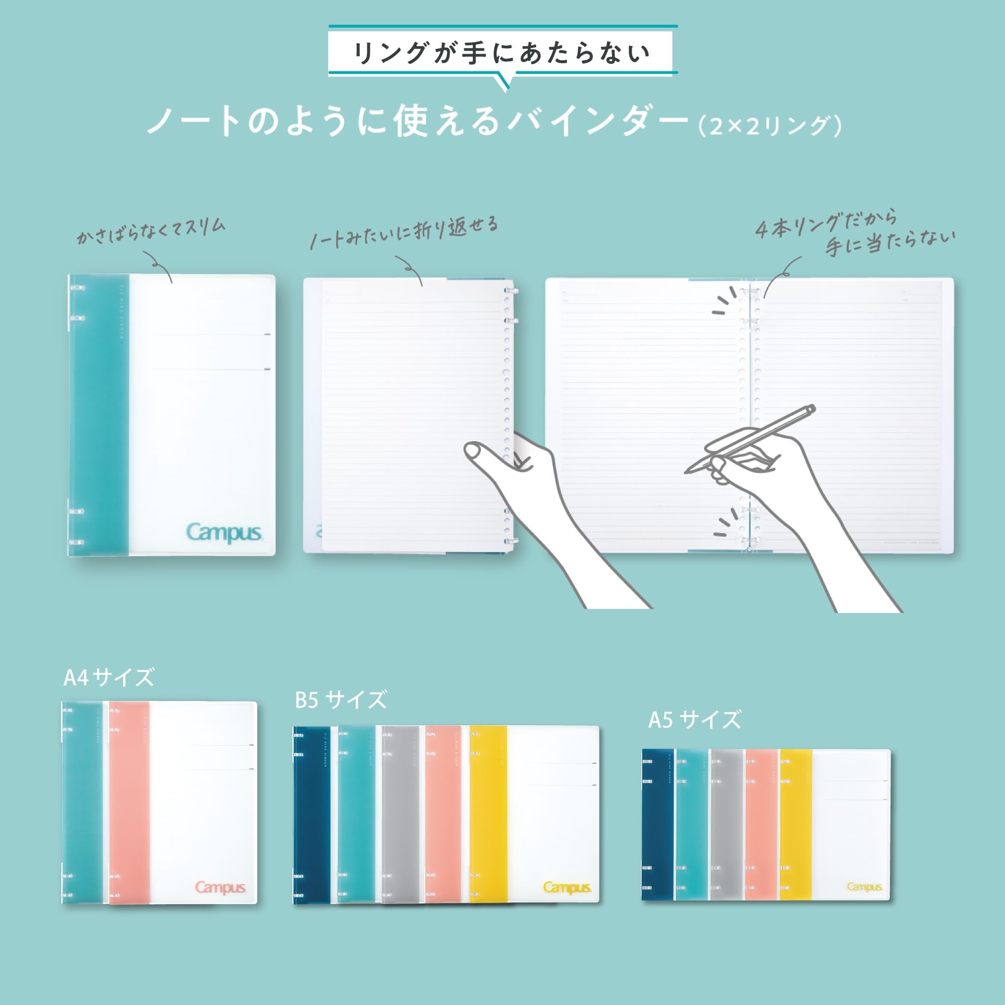 Kokuyo Campus Refillable Notebook, A5 2x2 Slim Ring Binder Notebook with Customizable Title Page, 40 Sheets Capacity. Suitable for 20 Holes Loose Leaf Paper, Navy (RU-NP134DB)