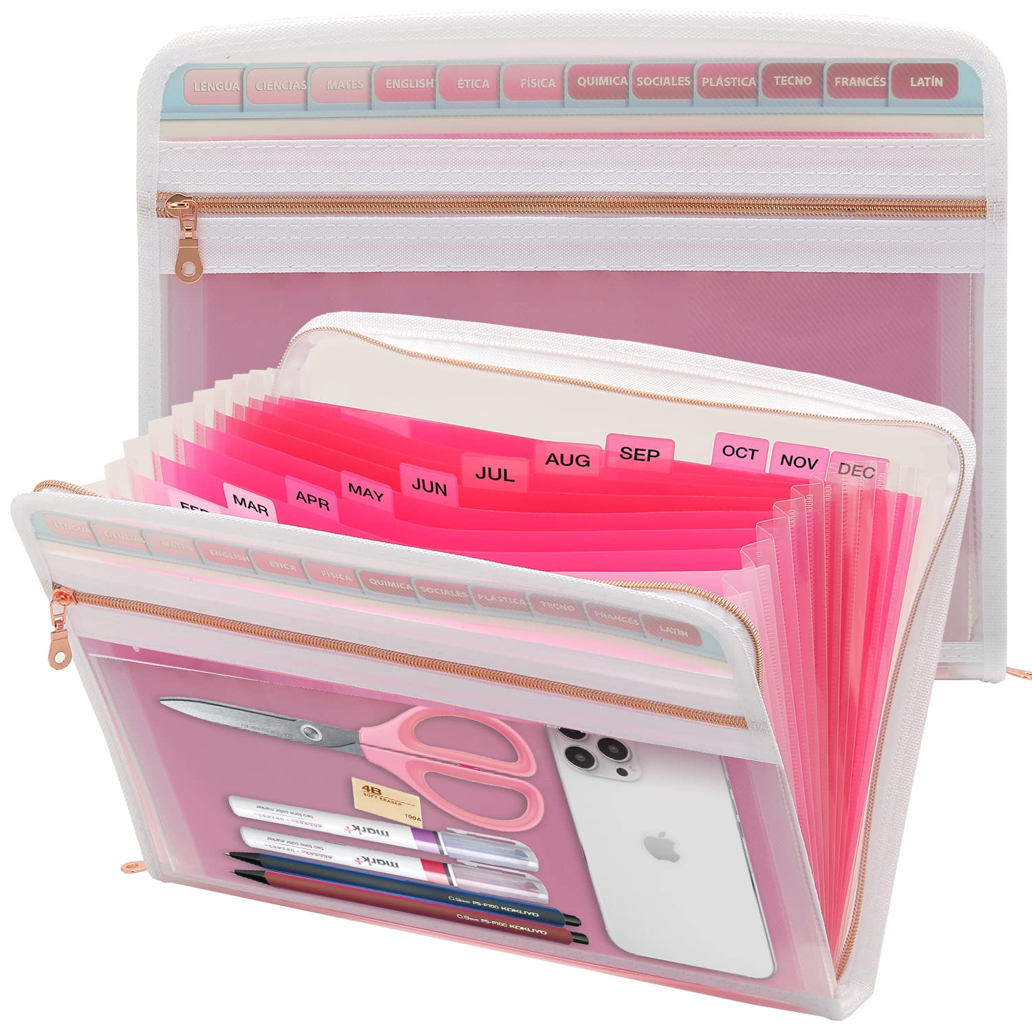 Mukawa 13 Pocket Zippered Expanding File Folder, Accordion File Organizer for Documents Letter Size A4 Papers (Pink)