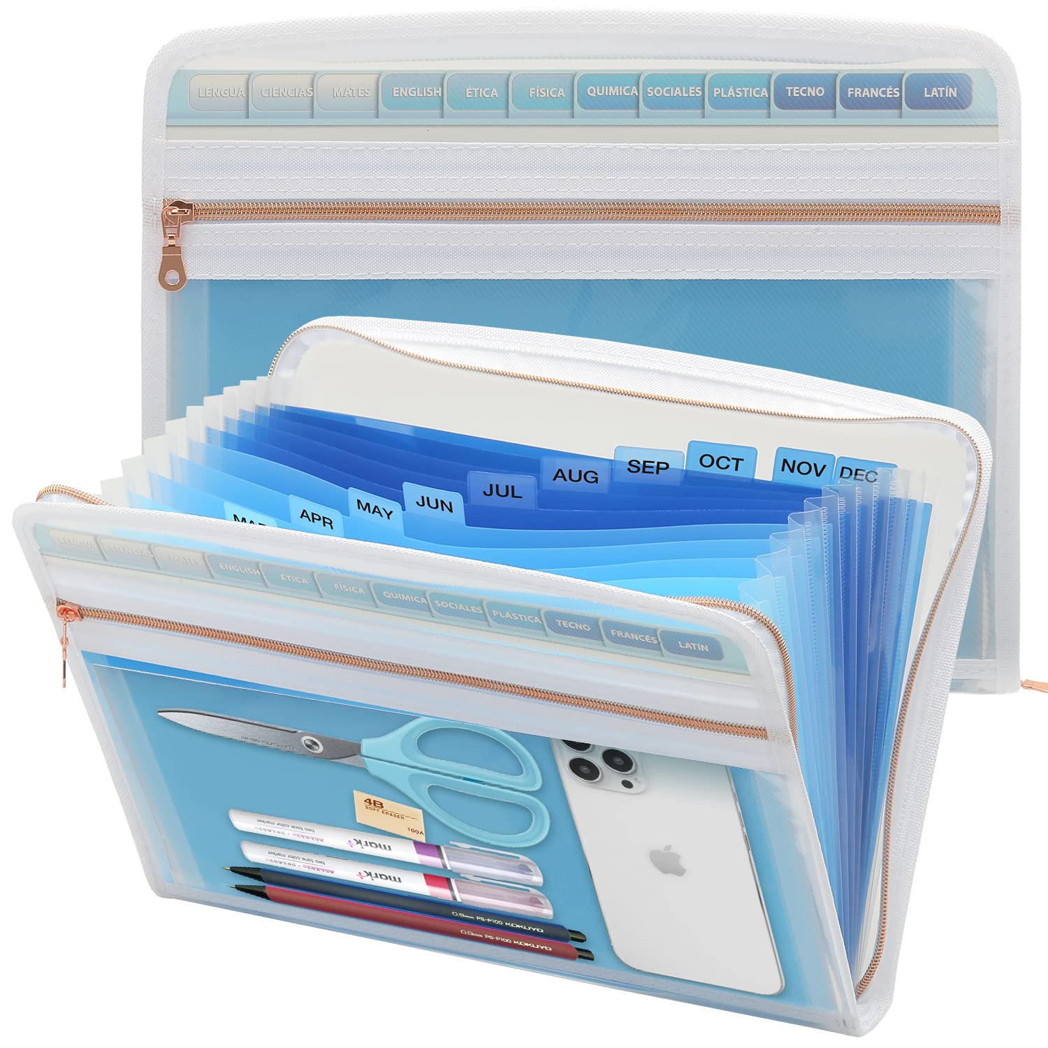 Mukawa 13 Pocket Zippered Expanding File, Zippered Accordion File Organizer, Accordion Folder with Zipper for Documents Letter Size A4 Papers (Blue)