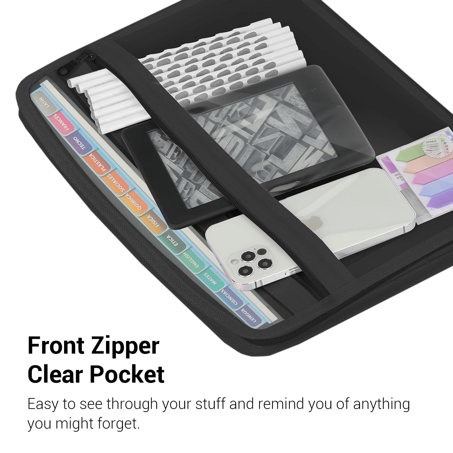 Mukawa 13 Pocket Expanding File Folder, Zippered Accordion File Organizer with Front Clear Pounch, Expandable Filing Folders for Documents, Papers Letter Size, Black