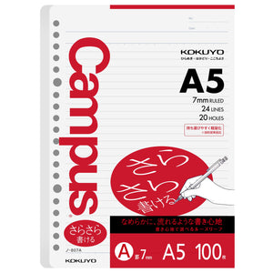 Kokuyo Campus Loose Leaf Paper, A5 Filler Paper with A 7mm Ruled, 100 Sheets 75 GSM Sarasara Smooth Writing, 20 Holes, 8-1/4"x6” Binder Notebook Bleed Resistant Paper. Japan Import (NO-807A)