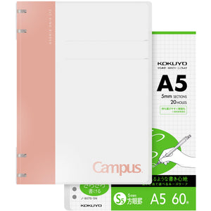 KOKUYO Campus 2x2 Spiral Binder Notebook Set, A5 Refillable Notebook + 60 Refill Papers with 5x5 Graph Ruled, 40 Sheet Capacity, Pink, Perfect for Work, Study & Journal, Japan Import