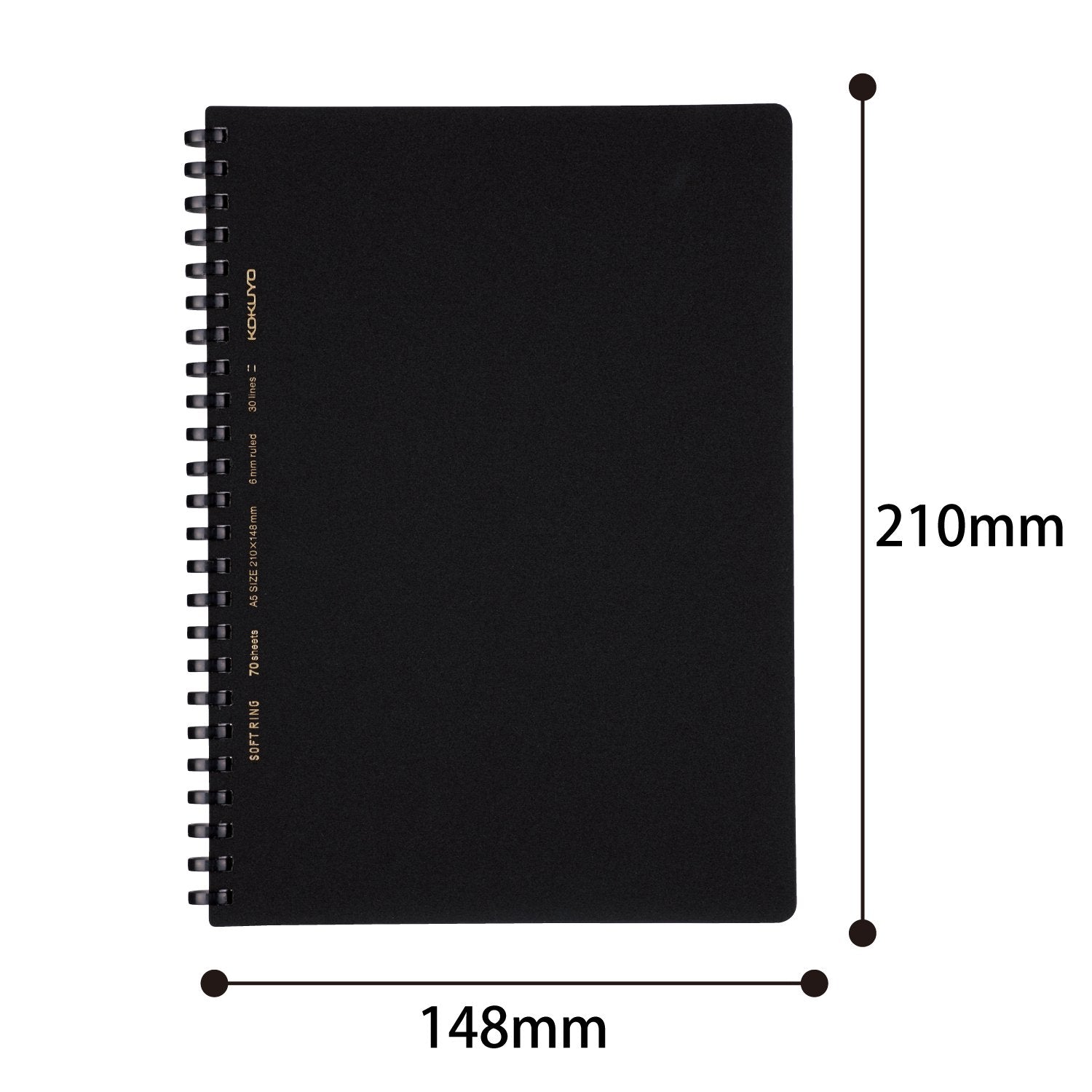 KOKUYO Spiral Lined Notebook, 8.3'' x 5.8'' Business Journal A5 Soft Ring Notebooks with A 6mm Ruled, 70 Perforated Sheets, Black 1 Subject Notebook, Note Taking for Work. Japan Import (SU-SV437B-D)