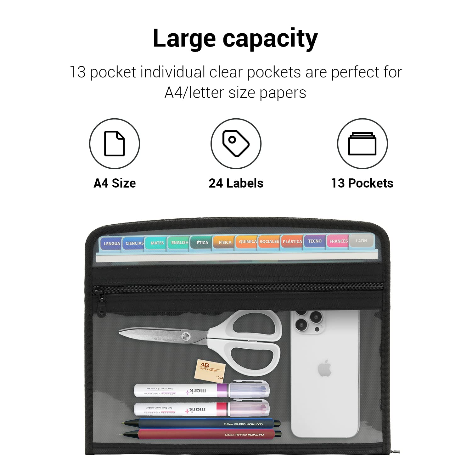 Mukawa 13 Pocket Expanding File Folder, Zippered Accordion File Organizer with Front Clear Pounch, Expandable Filing Folders for Documents, Papers Letter Size, Black