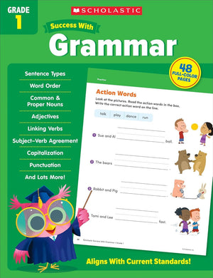 Scholastic Success with Math, Reading Comprehension, Writing, Grammar, Addition & Subtraction, Grade 1 Workbook, 5 Books Collection Set