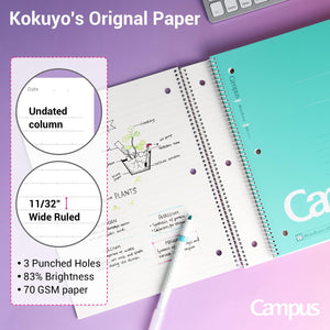 KOKUYO Spiral Notebook, 3 Pack Campus 10-1/2" x 8" Subject Notebooks with Wide Ruled, 80 Sheets, Purple Orange Turquoise 3 Holes School Spiral Journal for Work Study Note Taking (WSG-SU-400G3×3)