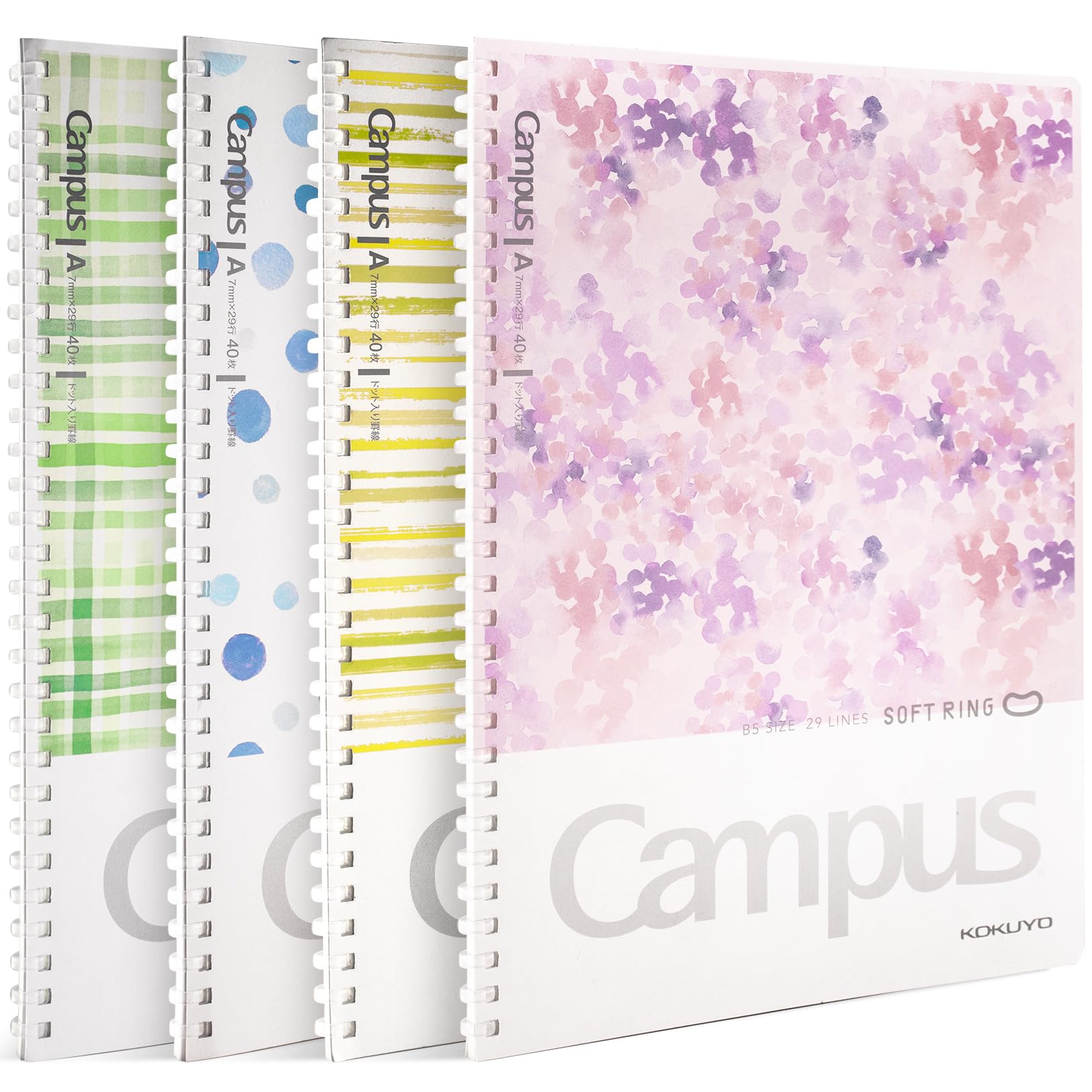 Kokuyo Spiral Notebook Journal, 4 Pack Campus B5 Soft Ring Notebooks with Dotted A 7mm Rule, 40 Sheets, Aesthetic 1 Subject Notebook in Blue Pink Yellow Green, College Office Note Taking. Japan Import
