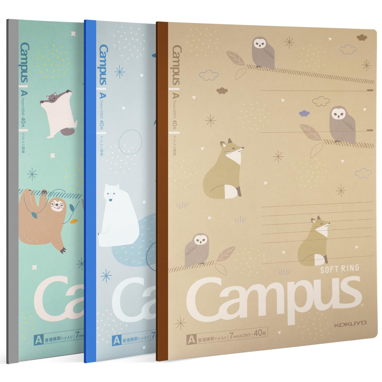 KOKUYO Composition Notebooks, 3 Pack Campus B5 Comp Book with Dotted College Ruled, 40 Sheets, School Lined Notebook in Mofu Animal, Cute Journal for Women Girls Work Study Note Taking Japan Import