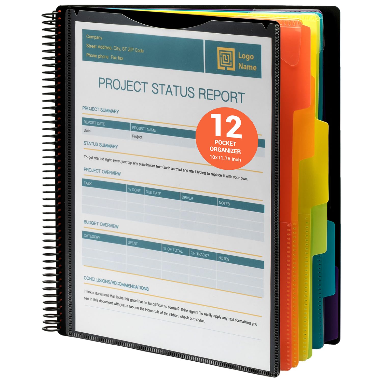 Mukawa 12 Pocket Poly Project Organizer, Spiral Project Folder Multi Pocket Folder Binder Letter Size, Back Cover Utility Pouch, 1/6 Cut Tabs, 6 Tab Color Dividers, Clear View Customizable Front Cover