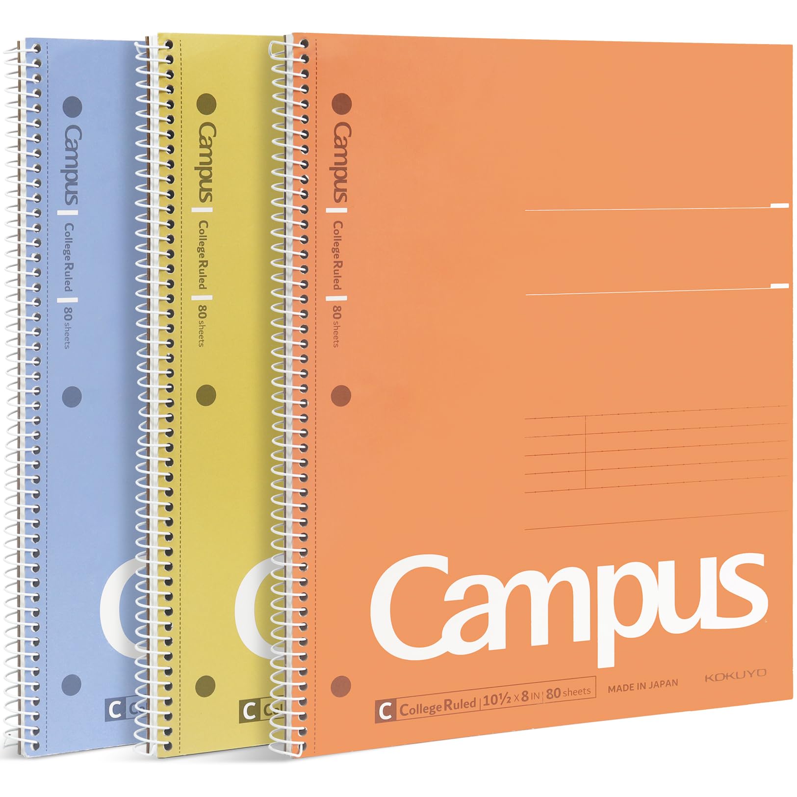 KOKUYO Spiral Notebook, 3 Pack Campus 10-1/2" x 8" Subject Notebooks with College Ruled, 80 Sheets, 3 Holes School Spiral Journal for Work Study Note Taking (Yellow, Orange, Purple)