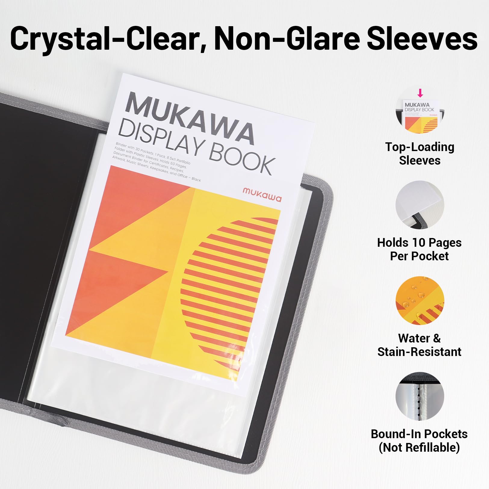 Mukawa 1 Pack 30-Pocket Binder, 8.5x11 (Black) Size Portfolio Folder with Clear Sleeves, Display 60 Pages,Presentation Folder, Art Portfolio Folder & Document Organizer For School& Office