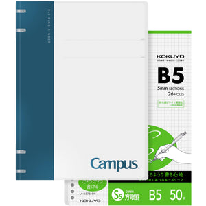 KOKUYO Campus 2x2 Spiral Binder Notebook Set, B5 Refillable Notebook + 50 Refill Papers with 5x5 Graph Ruled, 40 Sheet Capacity, Navy, Perfect for Work, Study & Journal, Japan Import