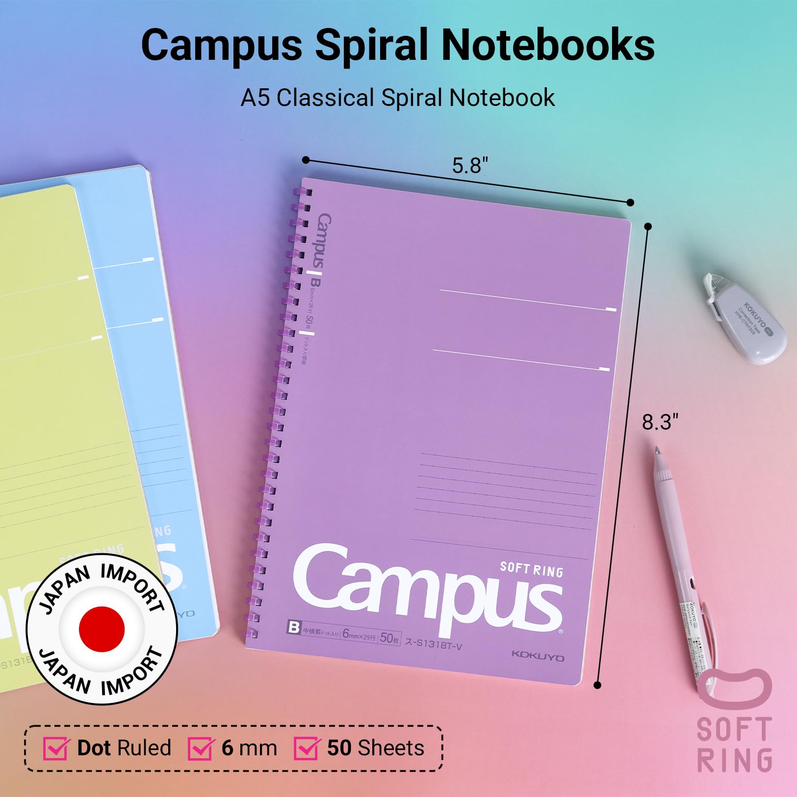 KOKUYO Spiral Lined Notebook, 5 Pack 8.3'' x 5.8'' Pastel Journal A5 Campus Soft Ring Notebooks with Dot 6 mm Ruled, 50 Sheets, 1 Subject Notebook, Note Taking for School. Japan Import (SU-S131BT)