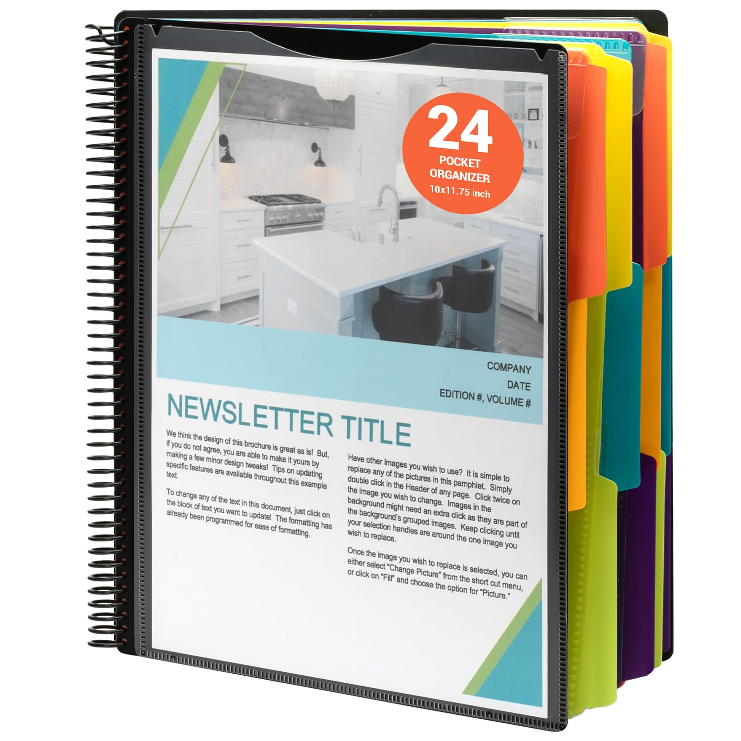 Mukawa 24 Pocket Poly Project Organizer, Letters Size Spiral Bound Project Folder with Inner Zipper Pouch, Customizable Front Cover, 12 Dividers with Erasable Tabs, Letter-Sized, 1 Pack