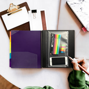 Mukawa 12 Pocket Poly Project Organizer, Spiral Project Folder Multi Pocket Folder Binder Letter Size, Back Cover Utility Pouch, 1/6 Cut Tabs, 6 Tab Color Dividers, Clear View Customizable Front Cover
