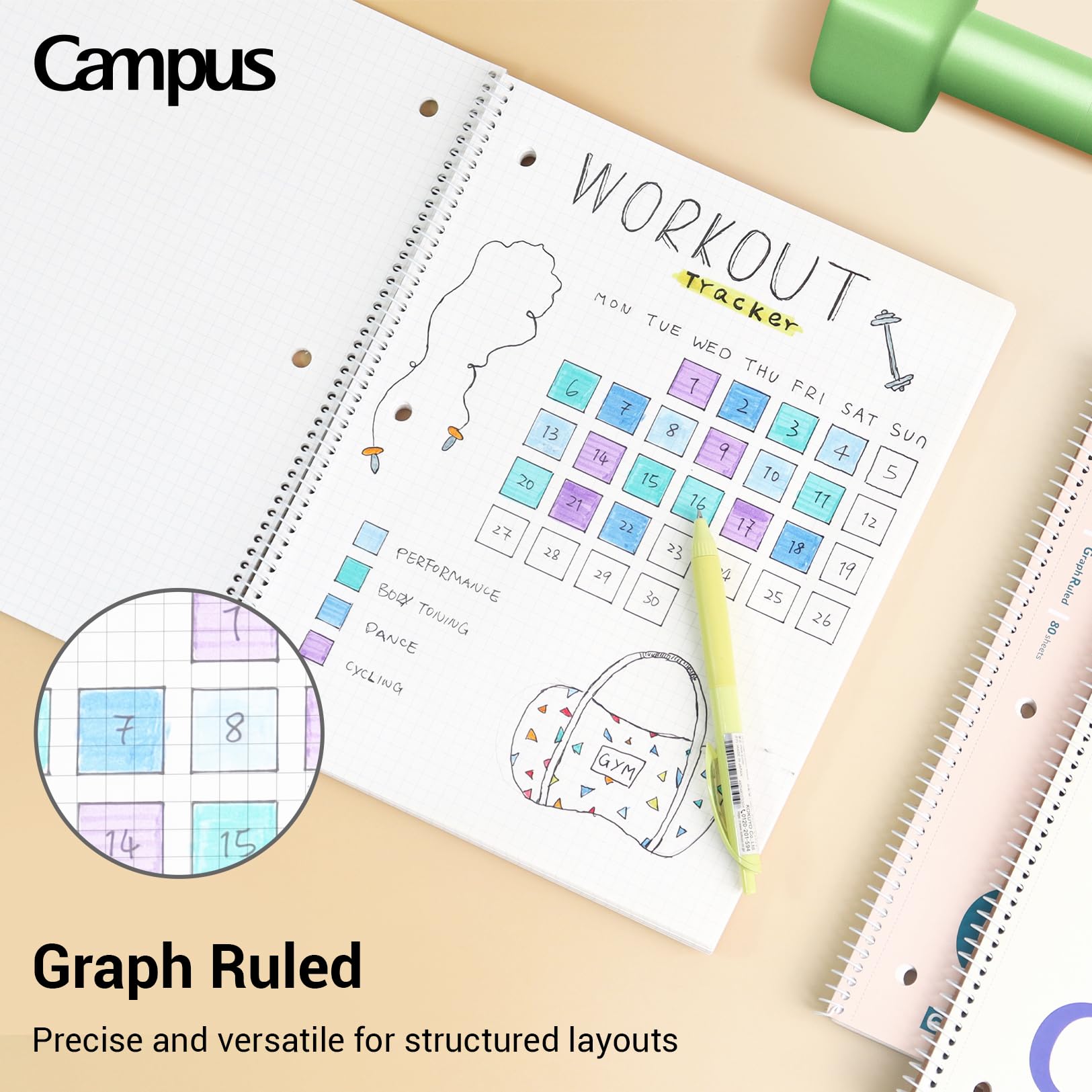 KOKUYO Spiral Notebook with 5x5 Graph Paper, 3 Pack Campus 10-1/2" x 8" Subject Notebooks, 80 Sheets, Light Pink Blue Off-White 3 Holes School Spiral Journal for Study Planner Drawing (WSG-SU-400G4×3)