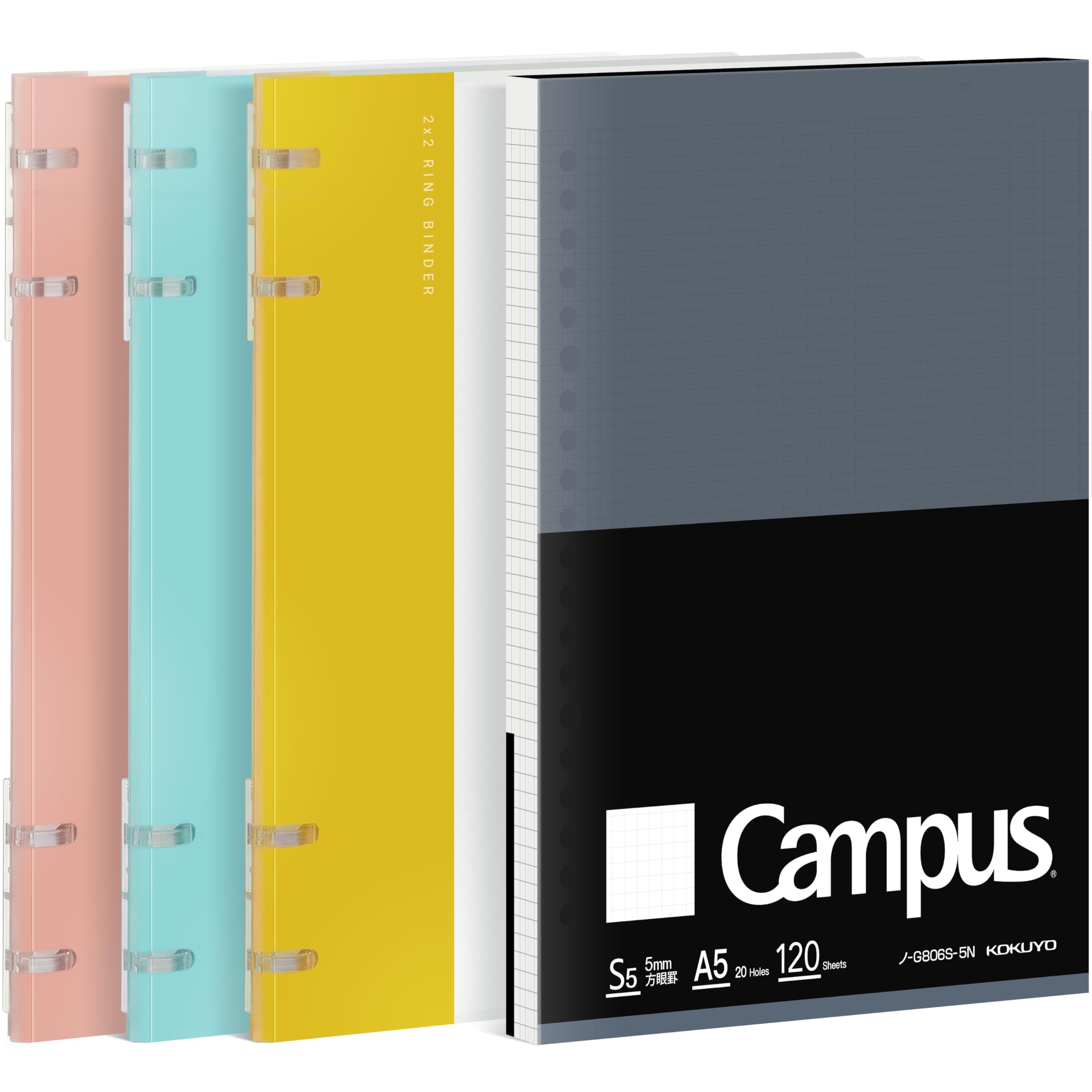 KOKUYO 2x2 Spiral Binder Notebooks, 3 Pack A5 Refillable Notebook with Loose leaf Paper + 120 Refill Papers with 5x5 Graph Ruled, 40 Sheets Capacity, Light Color Notebook for School, Work, Note Taking