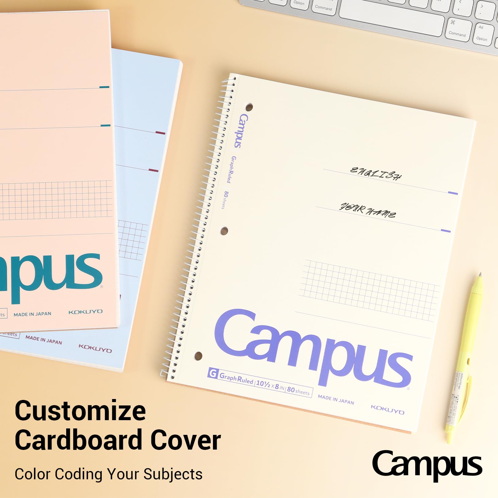 KOKUYO Spiral Notebook with 5x5 Graph Paper, 3 Pack Campus 10-1/2" x 8" Subject Notebooks, 80 Sheets, Light Pink Blue Off-White 3 Holes School Spiral Journal for Study Planner Drawing (WSG-SU-400G4×3)