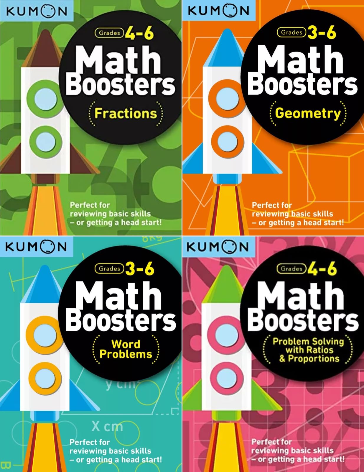 Kumon Math Boosters 4 Books Set for Grades 3 - 6, Ages 9 - 11 (Fractions, Word Problems, Geometry, Problem Solving with Ratios & Proportions)