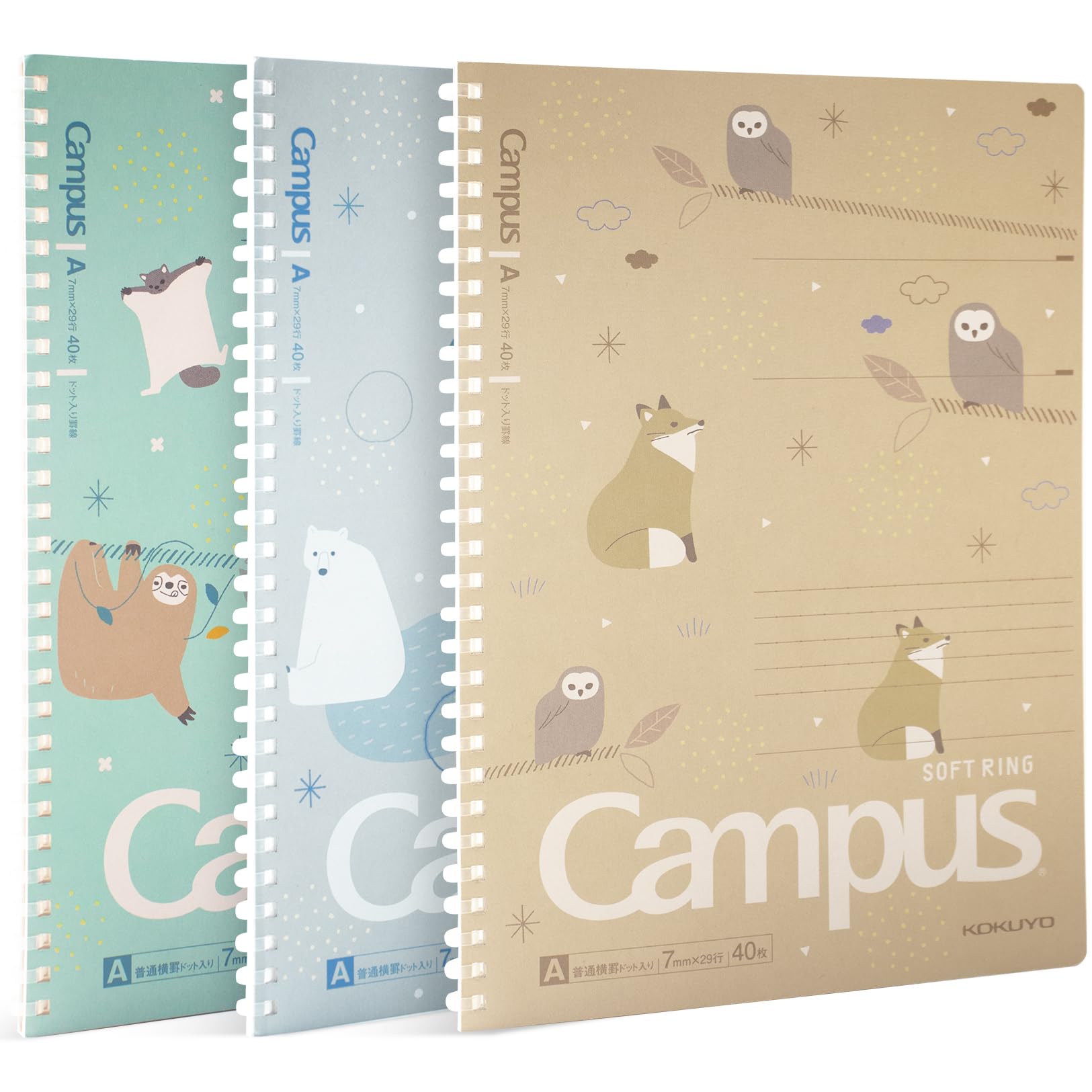 KOKUYO Spiral Notebook Journal, 3 Pack Campus B5 Soft Ring Notebooks with Dotted A 7mm Rule, 40 Sheets, Cute Animal 1 Subject Notebook in Blue Yellow Green, College Office Note Taking. Japan Import